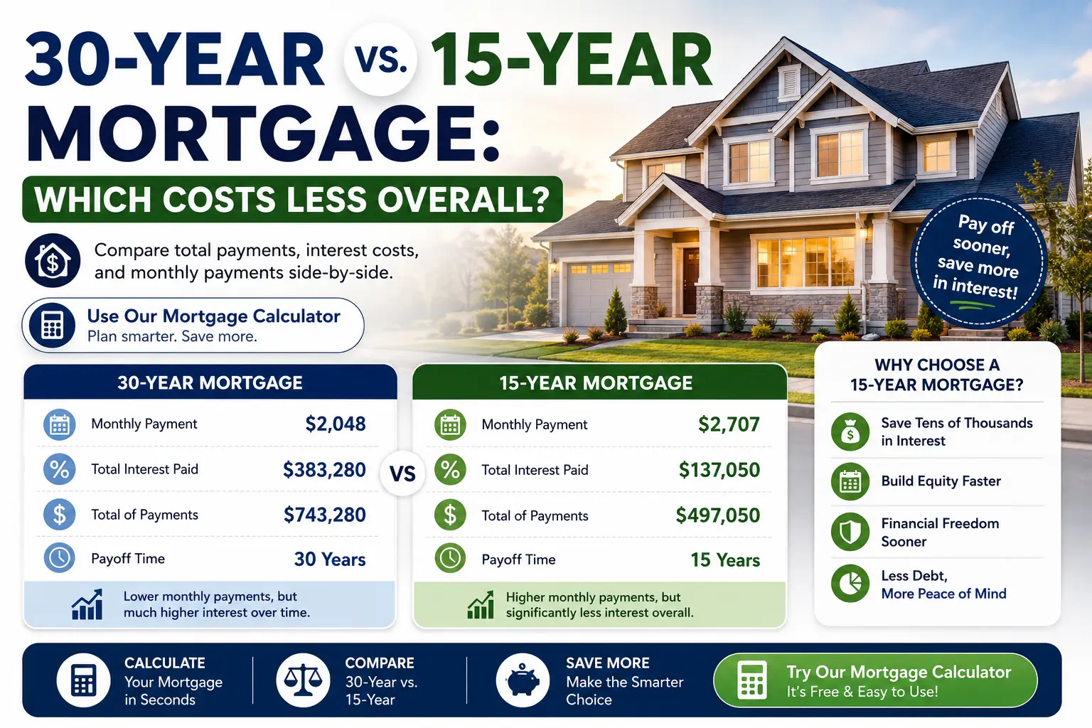 30-year versus 15-year mortgage comparison — monthly payment and total interest side by side