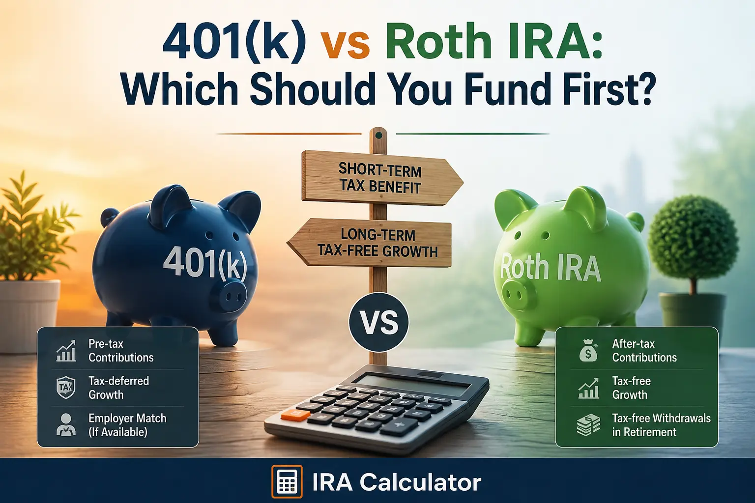 401k vs Roth IRA comparison with contribution limits and tax treatment