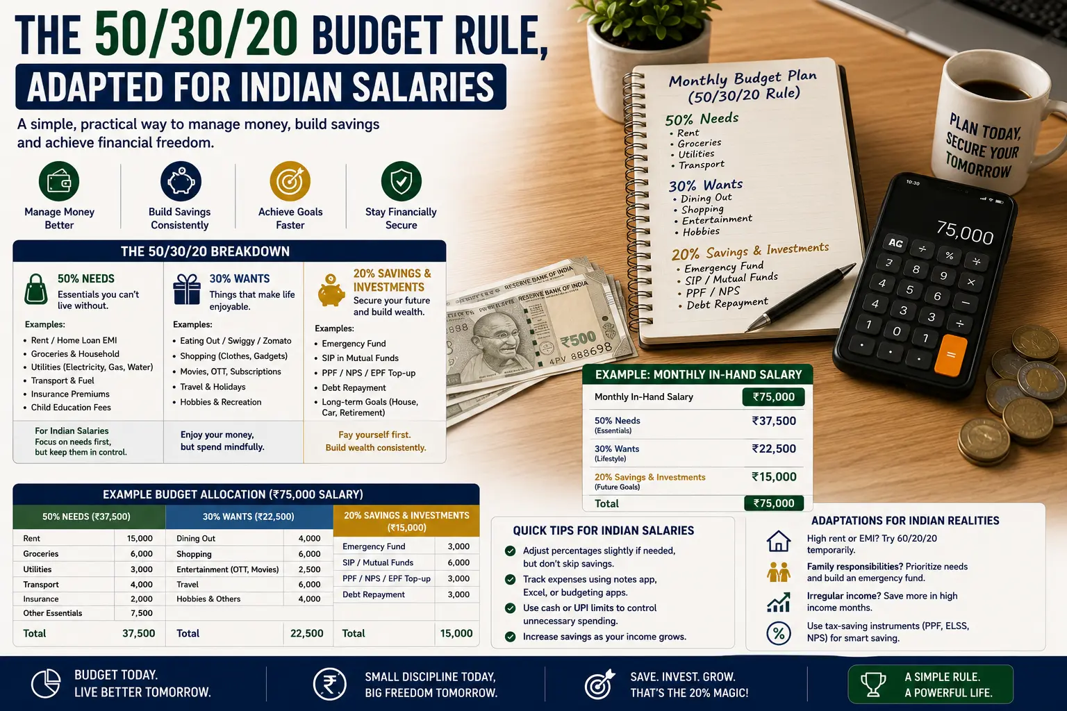 The 50/30/20 budget rule applied to Indian salaries — needs, wants and savings split with worked examples