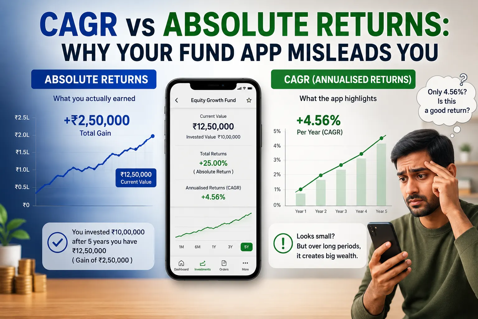 CAGR versus absolute returns on mutual fund investments — formula and worked example comparison