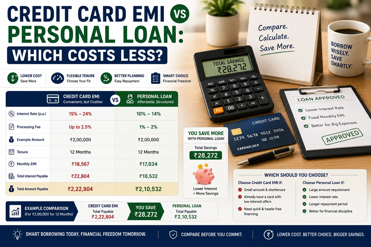Credit card EMI versus personal loan in India — interest, fees and total cost compared