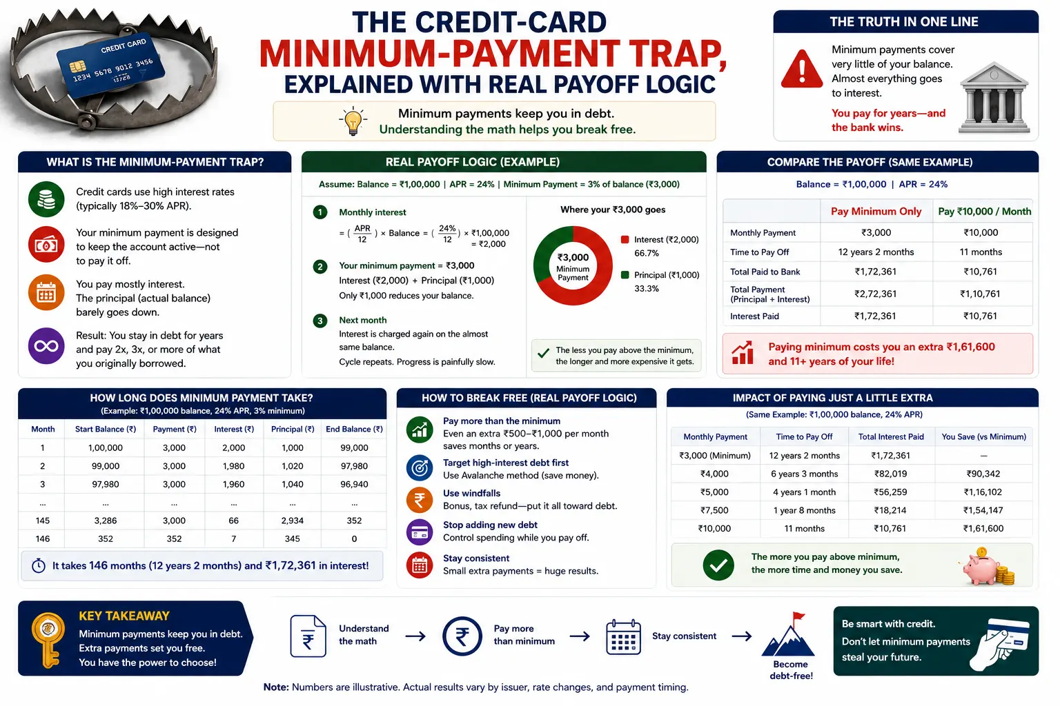 Credit card minimum payment trap showing revolver interest and payoff timeline