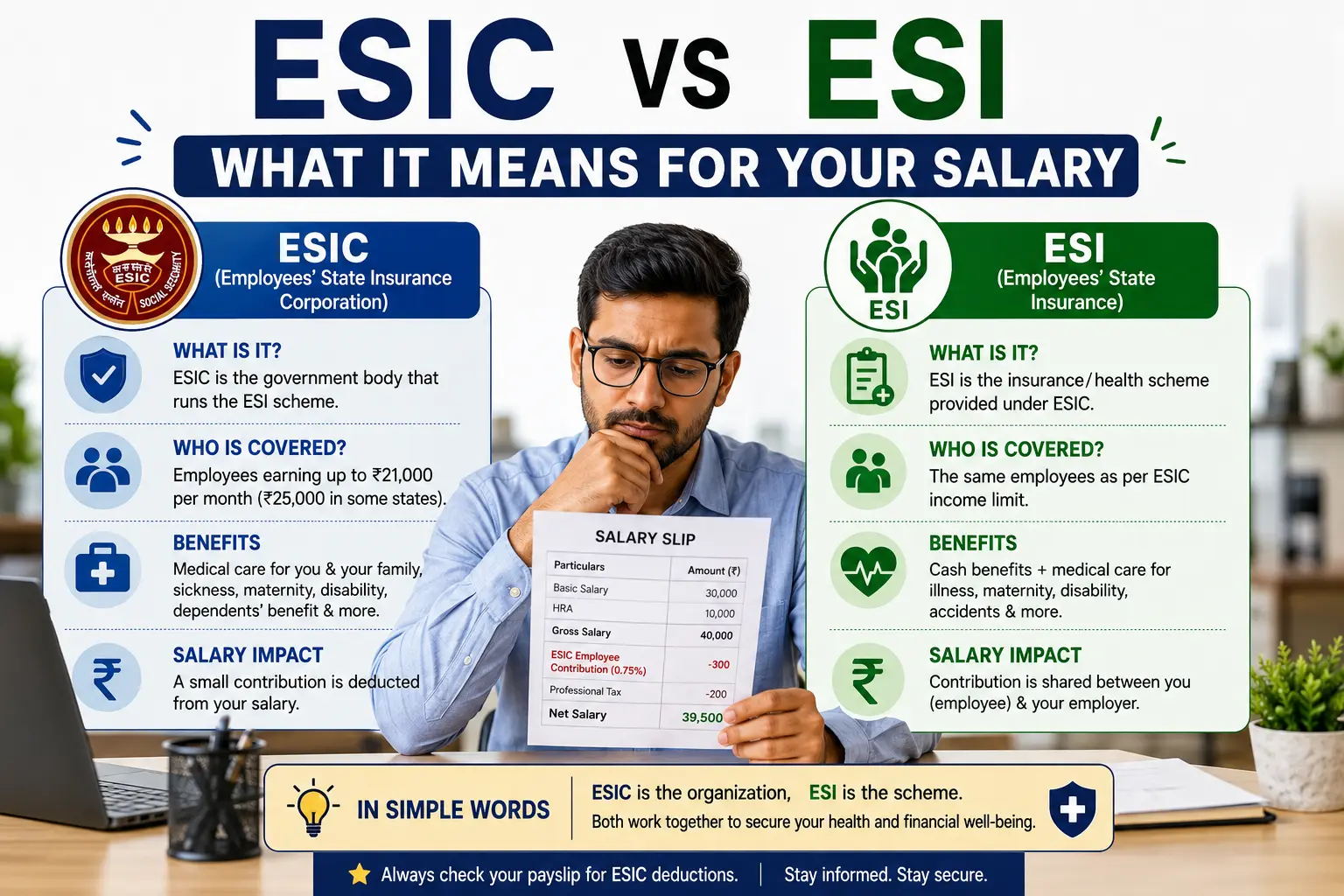 ESIC vs ESI explained — employee and employer contribution rates and benefits for Indian salaries