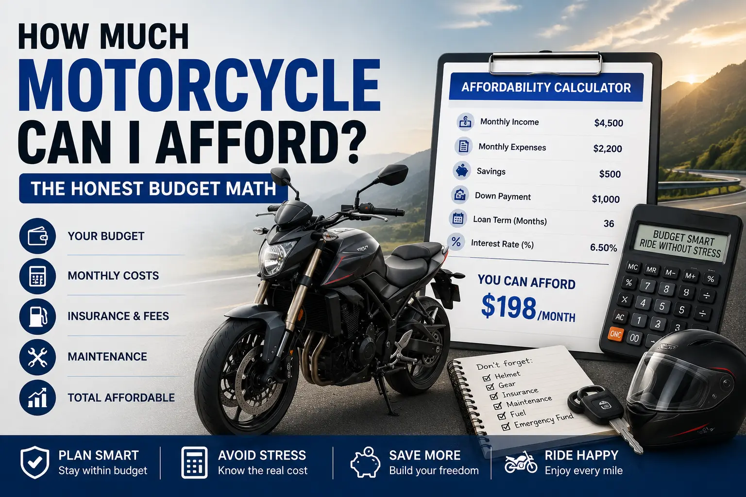 Motorcycle affordability calculator showing monthly income, expenses, loan term, interest rate and monthly budget breakdown