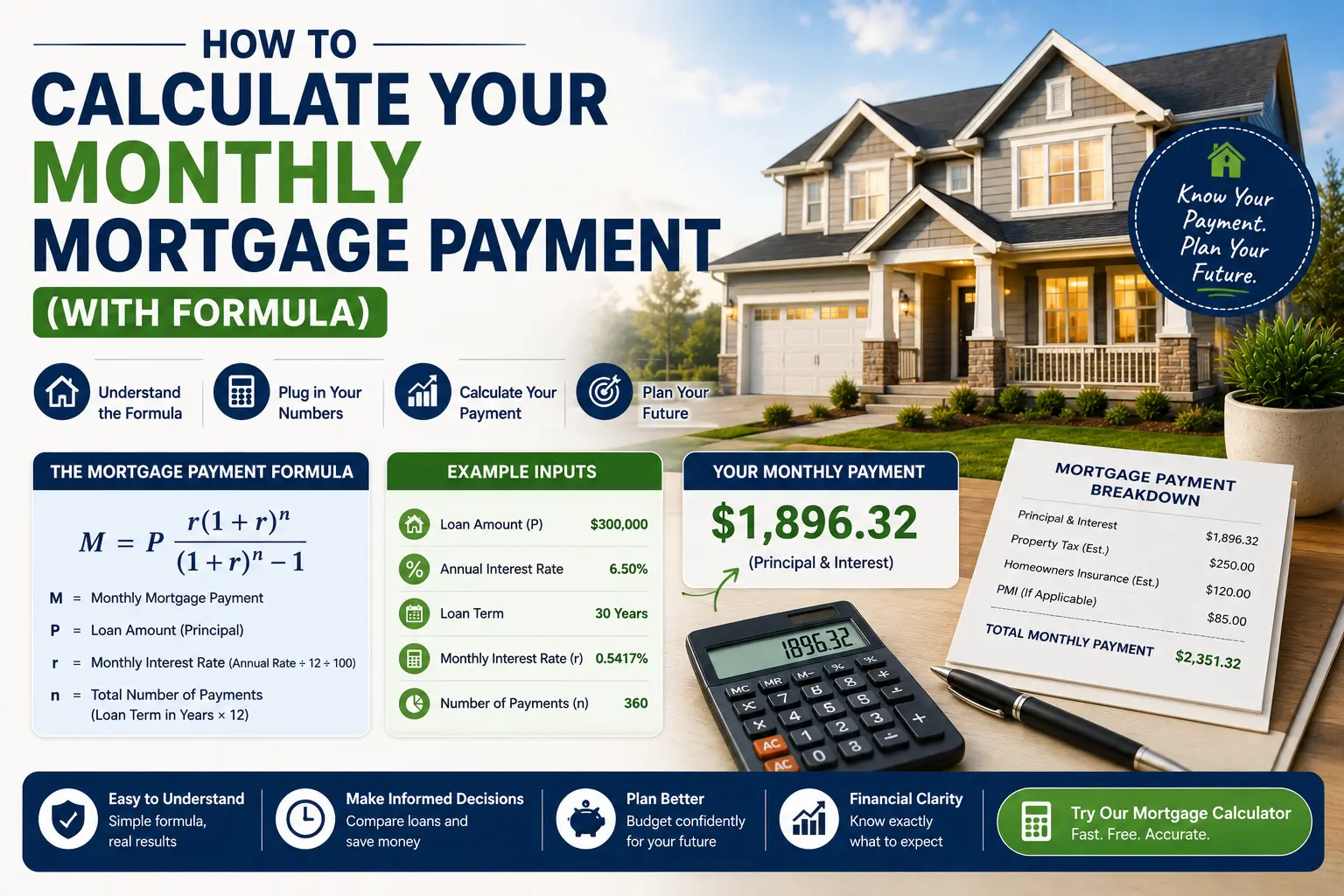 Monthly mortgage payment formula breakdown — PITI formula with a worked example