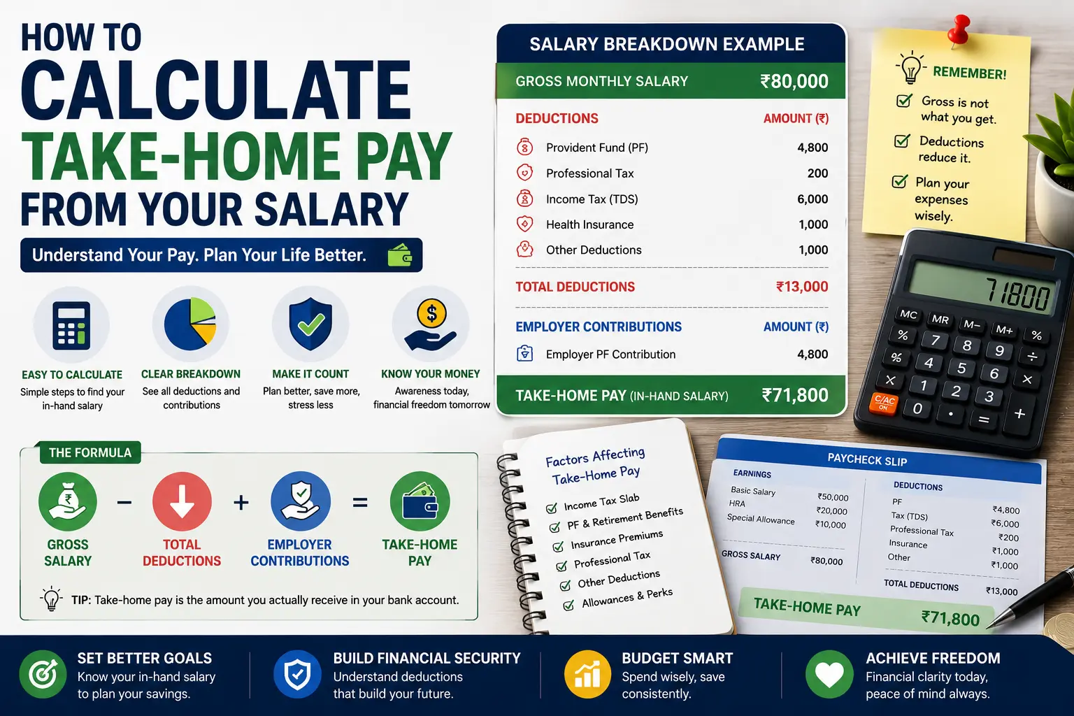 Salary breakdown showing gross salary, deductions, employer contributions and take-home pay calculation