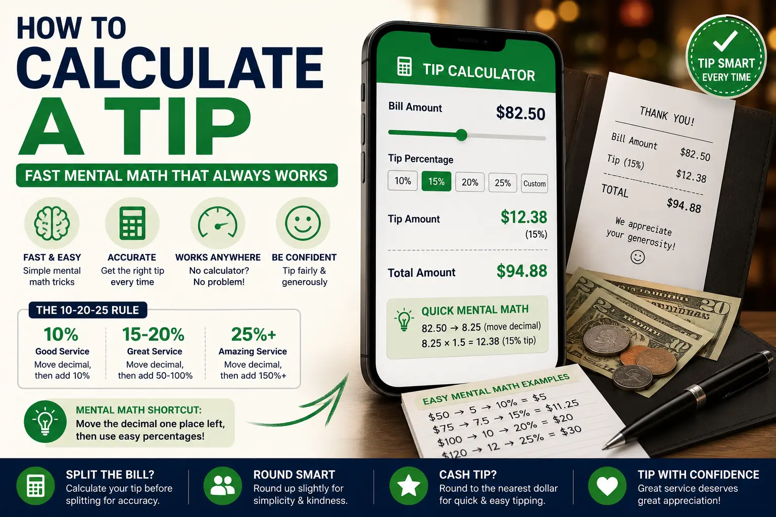 Tip calculator guide showing 10% 15% 20% 25% tip amounts and fast mental math tricks for restaurants