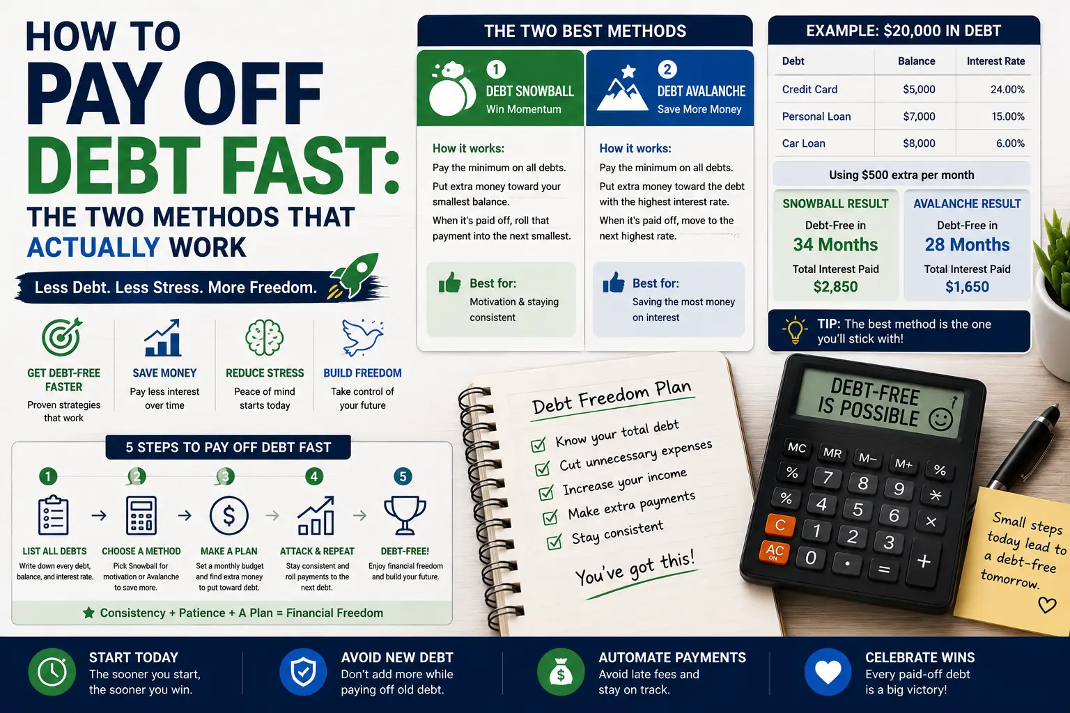 Debt payoff strategy comparing debt snowball vs avalanche methods with example balances and timelines