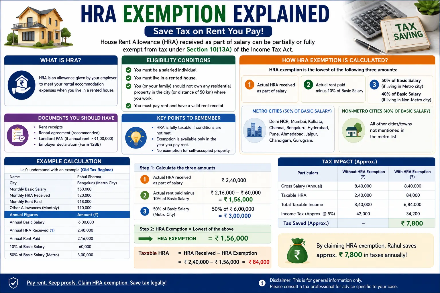 HRA exemption calculation example India — three-rule least of formula with metro and non-metro worked cases