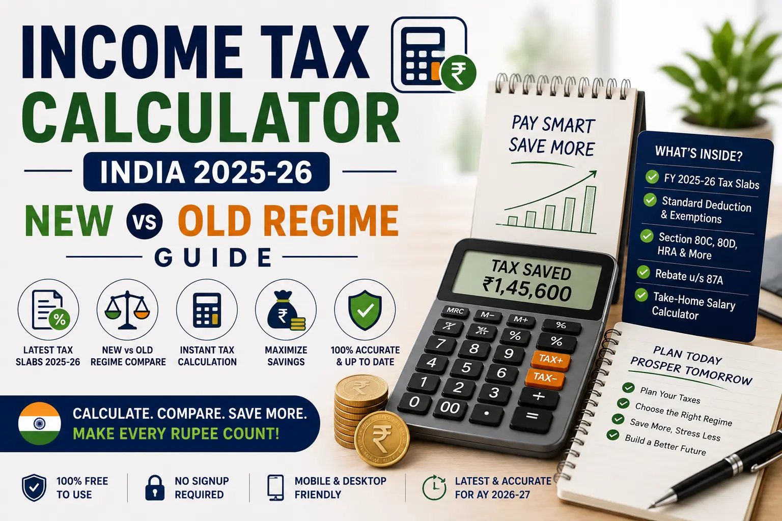 Income Tax Calculator India 2025-26 - Compare New vs Old tax regime