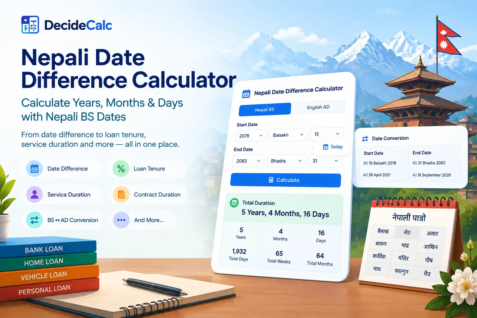 Nepali BS Date Difference Calculator interface showing calendar selection, Y/M/D duration display, loan tenure modes and BS/AD conversion