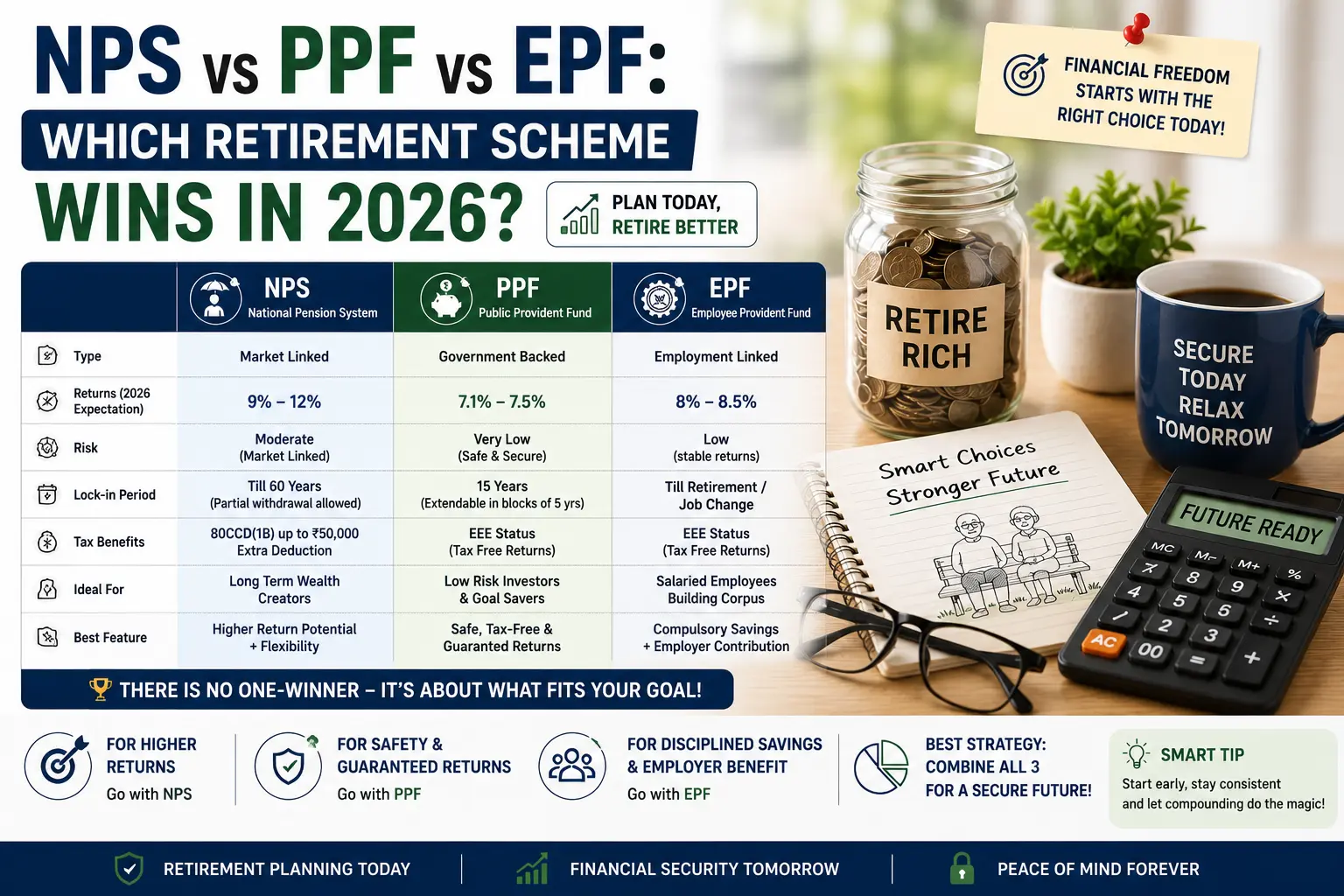 NPS vs PPF vs EPF retirement schemes in India compared — returns, tax benefits and lock-in