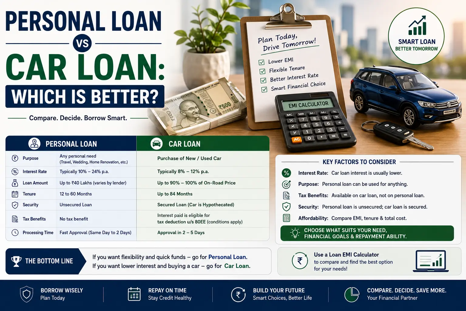 Personal loan versus car loan in India — interest rate, tenure and total cost comparison
