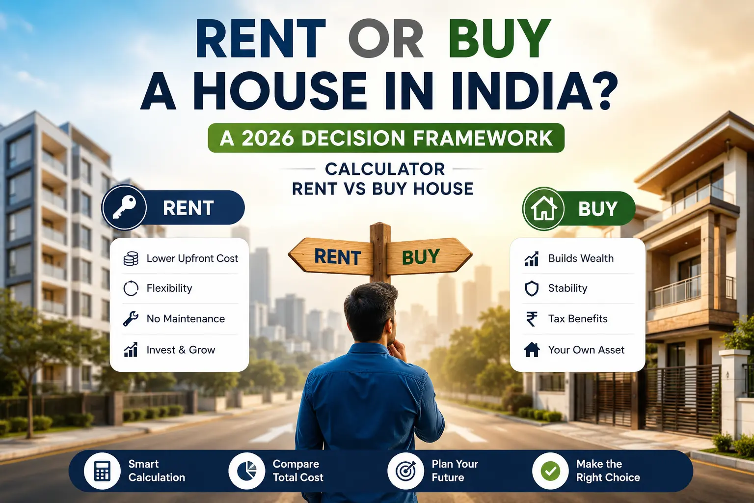 Rent-or-buy decision framework for India 2026 — comparing property ownership costs, EMI path and renting flexibility