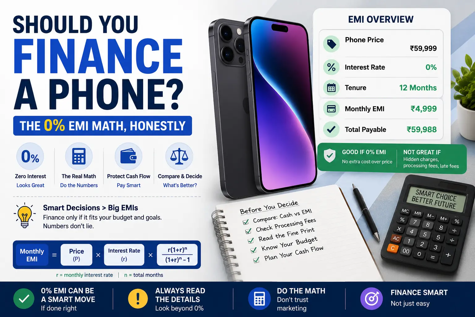 Phone financing comparison showing 0% EMI vs credit card EMI vs cash with monthly payment math