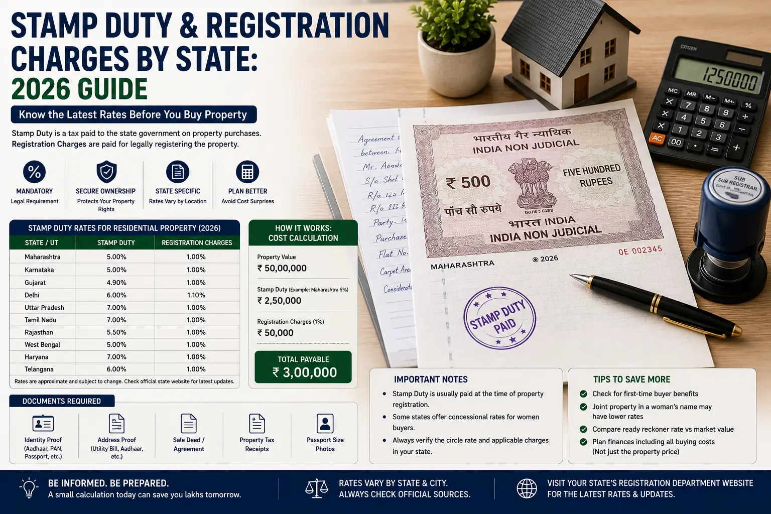 Stamp duty and registration charges by state in India — rates table with women concessions and worked example