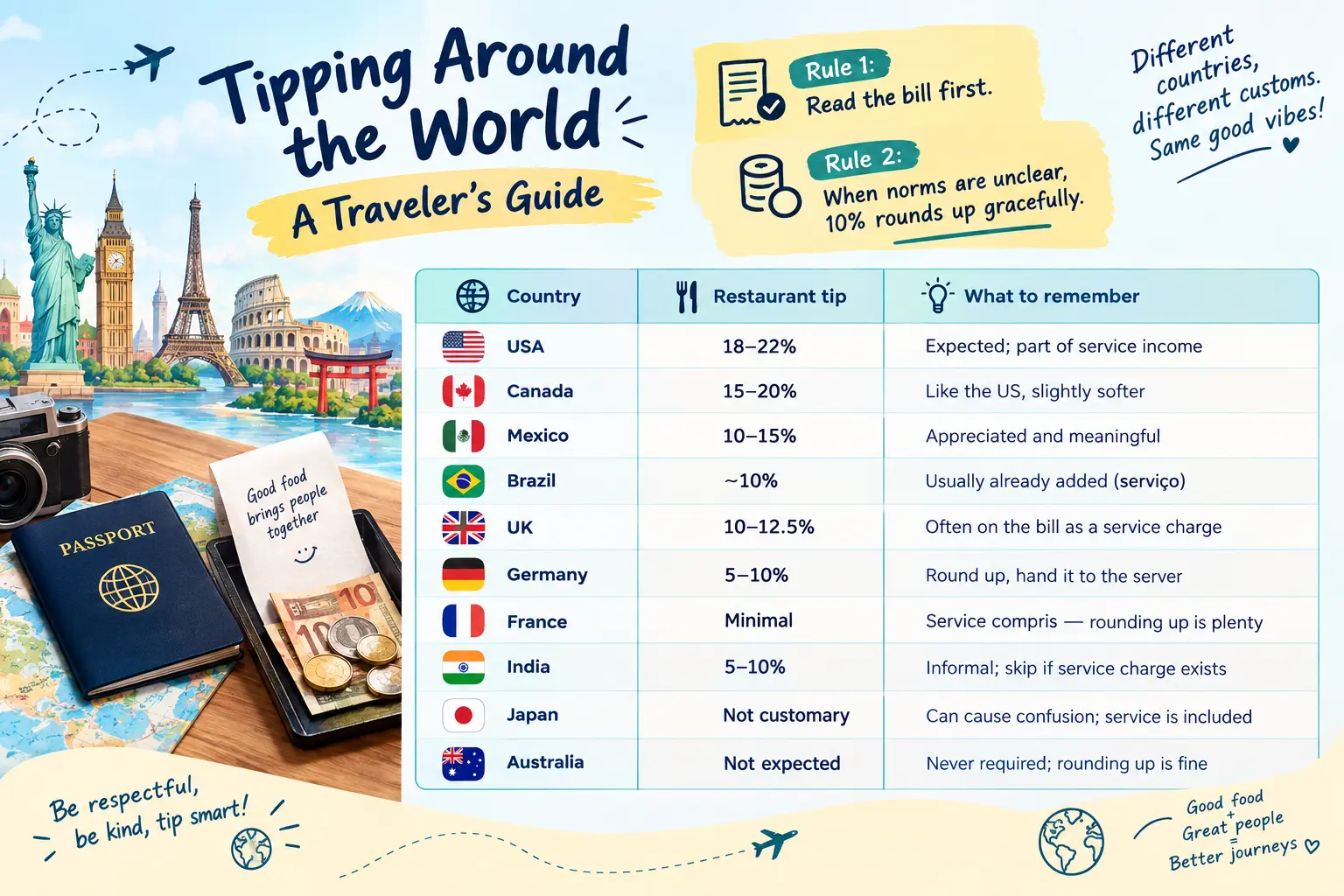 Tipping around the world infographic - country-by-country restaurant tip chart for USA, Canada, Mexico, Brazil, UK, Germany, France, India, Japan and Australia, with the two golden tipping rules: read the bill first, and when norms are unclear 10% rounds up gracefully