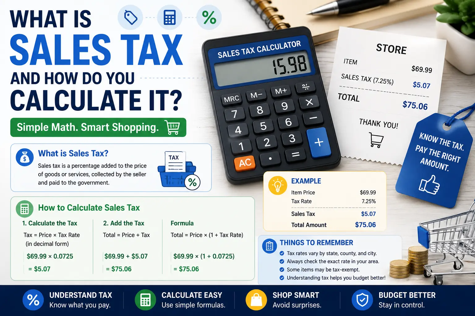 Sales tax calculation example showing item price, tax rate, sales tax and total amount formulas